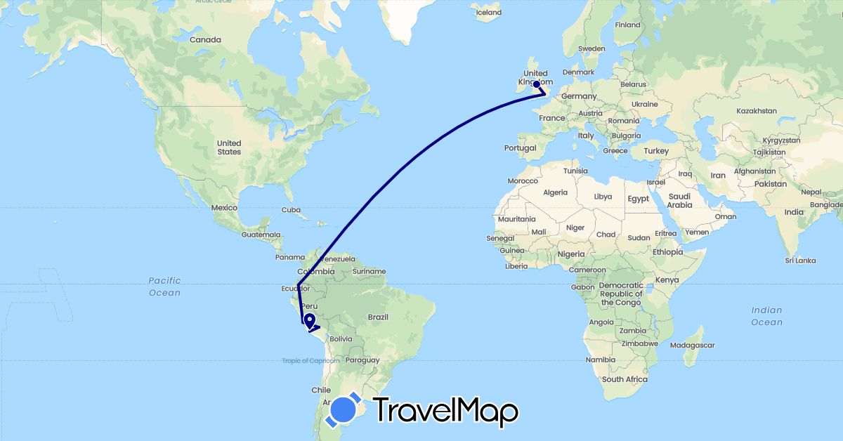 TravelMap itinerary: driving in Colombia, Ecuador, United Kingdom, Peru (Europe, South America)
